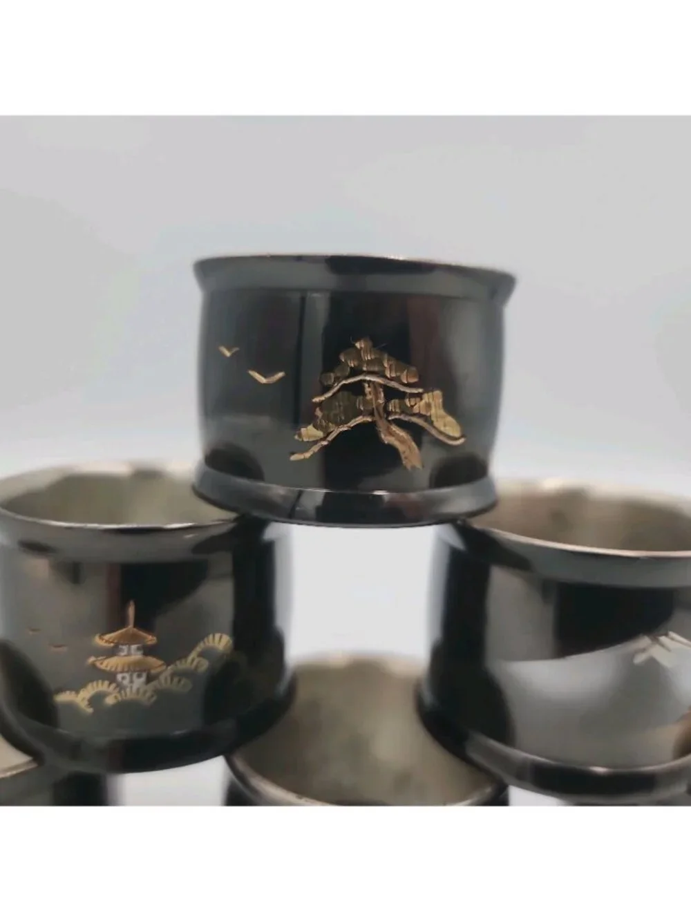 Vintage MCM Japanese Lacquer Pagoda Napkin Rings Set  6 hand painted gold Metal